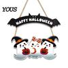 Halloween Hanging Sign Happy Ghost Door Sign, Wooden Three Wall Plaque Hanger, Front Party Supplies Wood with Natural Rope