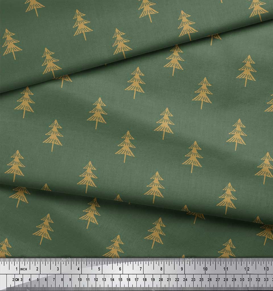 Soimoi Green Japan Crepe Satin Fabric Christmas Tree Print Fabric by Metre 42 Inch