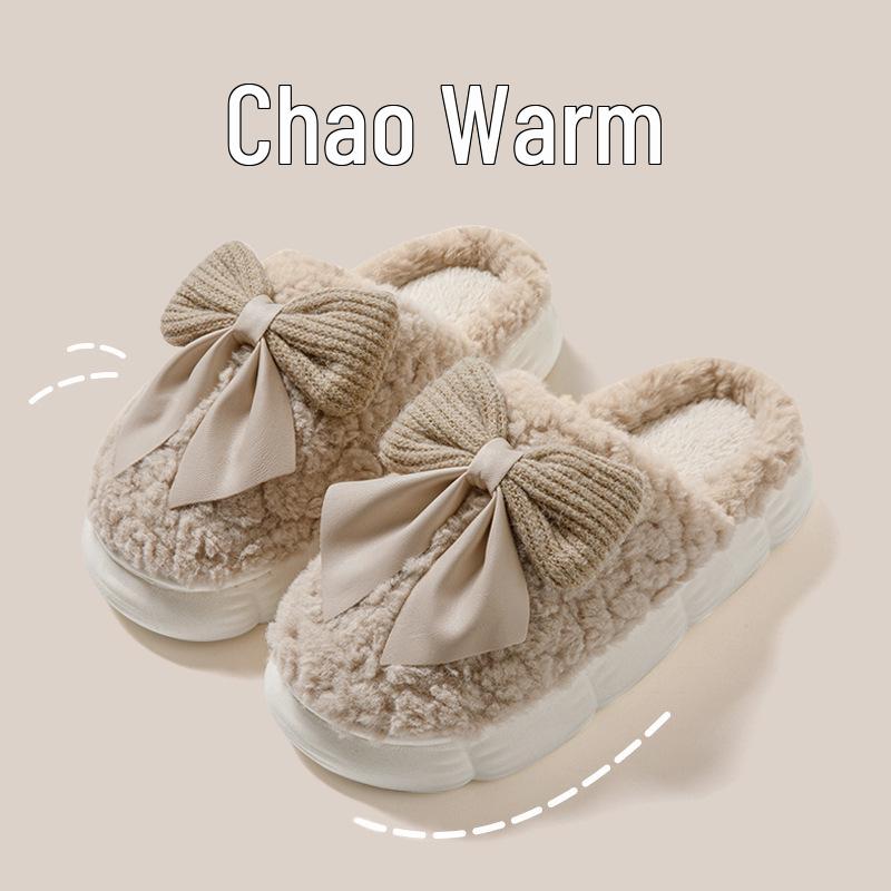 Women's Plush Cotton Slippers with Sweet Bow, Thick-Soled for Indoor Autumn/Winter 2026