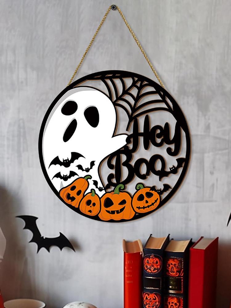 Welcome Door Sign Scary Halloween Door Hangings Ghost Pumpkin Front Door Hanger Round Halloween Wreath Decor for Home Party