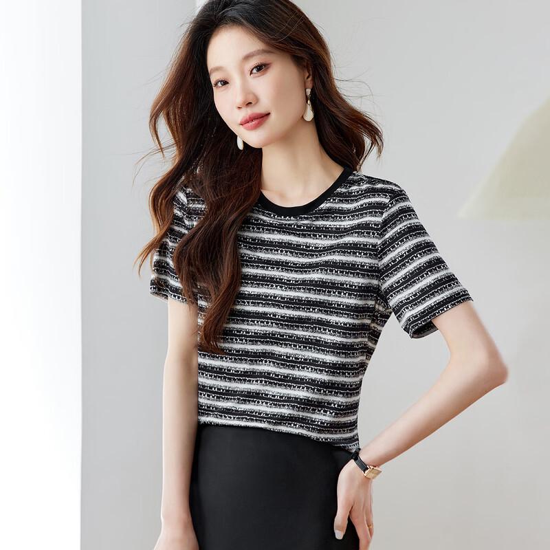 Srcr Women s 100% Silk Striped Short Sleeve T-Shirt L