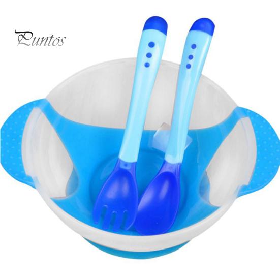 Suction Cup Bowl 3Pcs Feeding with Sensing Spoon Fork Anti Baby Training Tableware Slip Silicone Children Set for Home Use