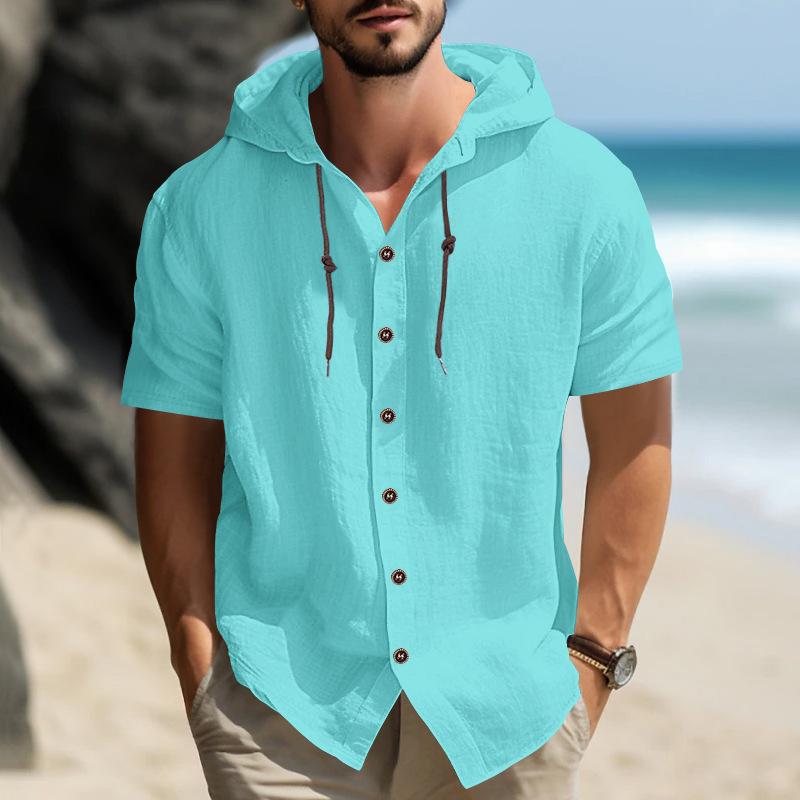 Hooded Shirt for Mens Hawaii Summer Cardigan Soild Short Sleeves Shirts Thin Tops Male Blouse Beach Single Breasted Shirts