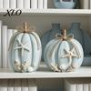 Rustic Farmhouse Style Gift Ideas 2Pcs Coastal Pumpkin Decor, Blue Wood Sign, Fall Seasonal Holiday Tabletop Figurines Table Centerpiece for