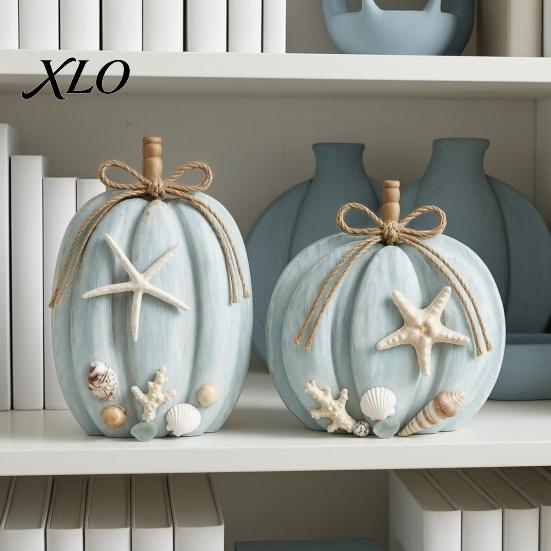 Rustic Farmhouse Style Gift Ideas 2Pcs Coastal Pumpkin Decor, Blue Wood Sign, Fall Seasonal Holiday Tabletop Figurines Table Centerpiece for