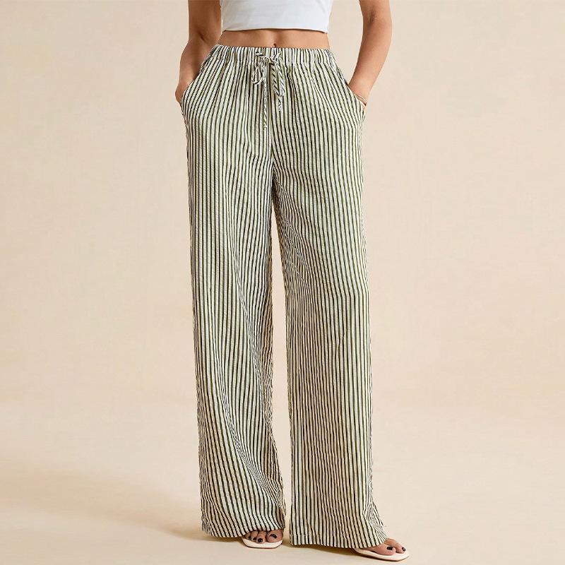 Women's Autumn New Striped Loose High Waist Wide-leg Pants Straight Elastic Waist Versatile Casual Pants