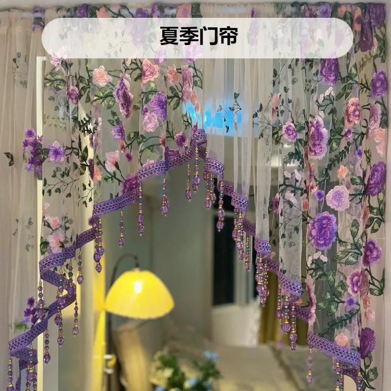 Luxury Country Embroidery Flower Lace Curtain for Kitchen Window Beaded Vintage Voile Farmhouse Triangle Small Curtain