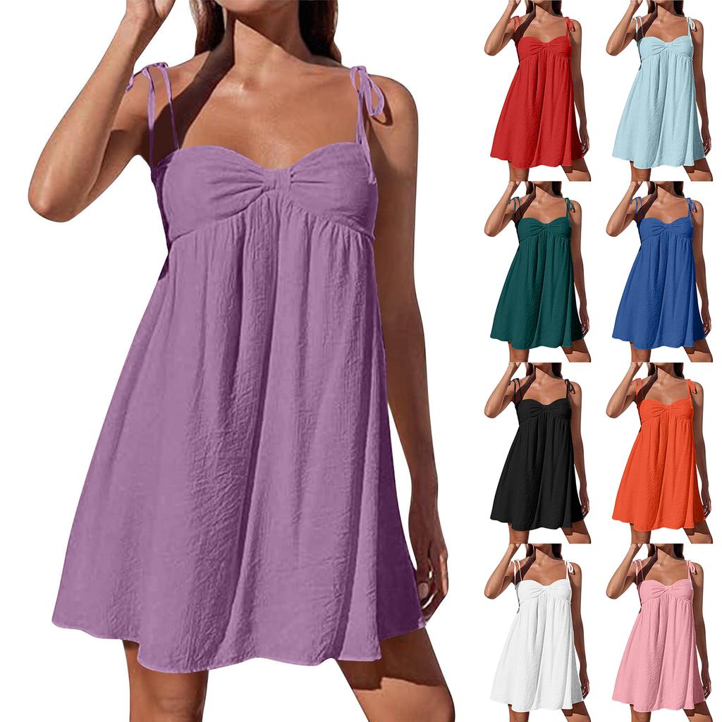 Women's Casual Loose Fit Sleeveless Tie Strap Dress Lightweight Breathable Fabric Summer Dress with Adjustable Shoulder Straps and Flared Hem