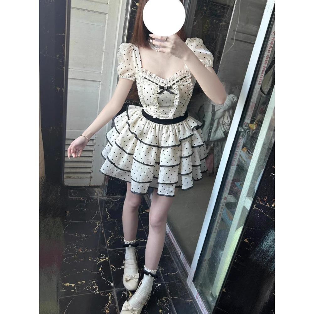 Preppy style gentle girly polka dot dress women's new summer small waist puffy princess dress