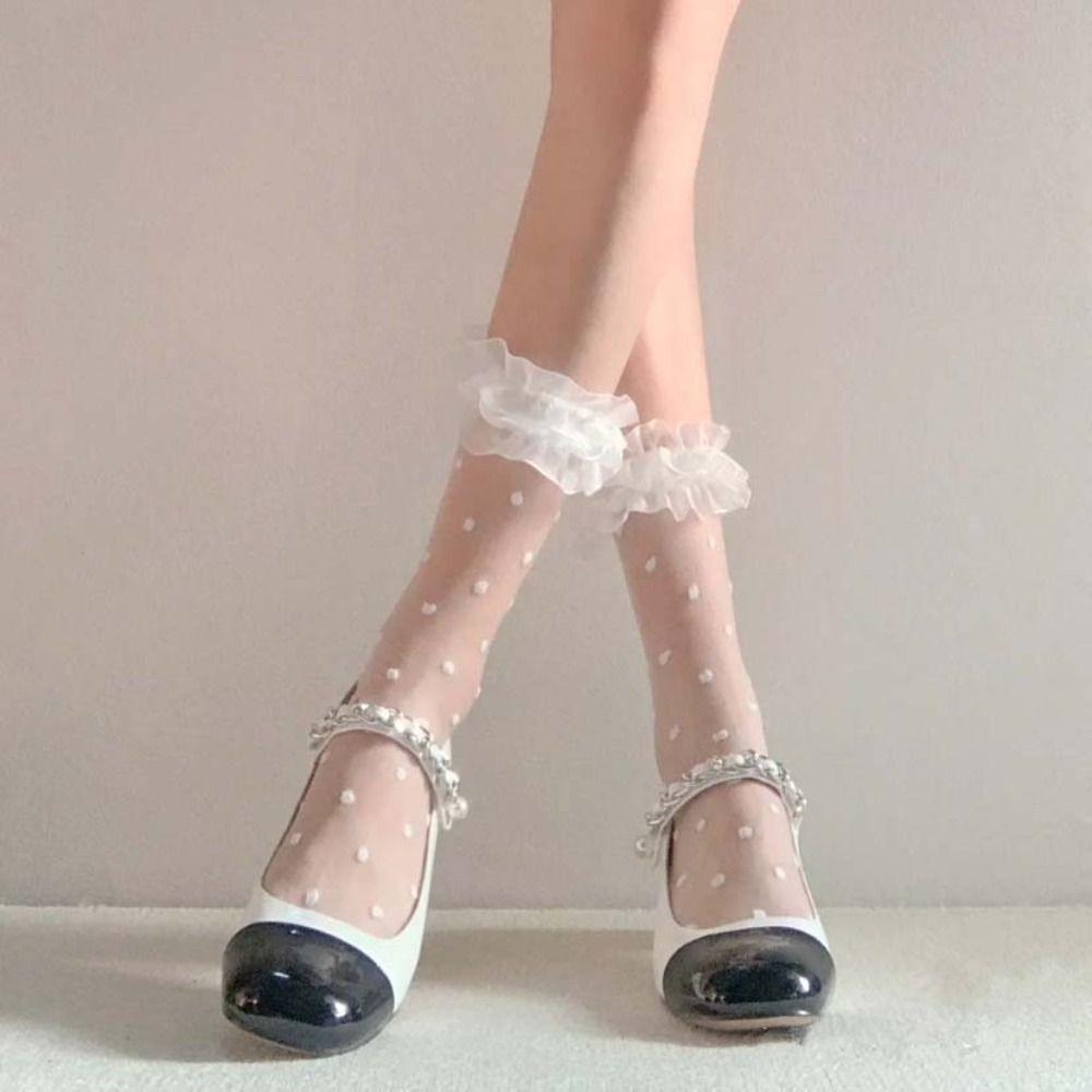 Ultra-thin Glass Silk Ruffled Socks Lace Mesh Dots Socks Sweet   Streetwear