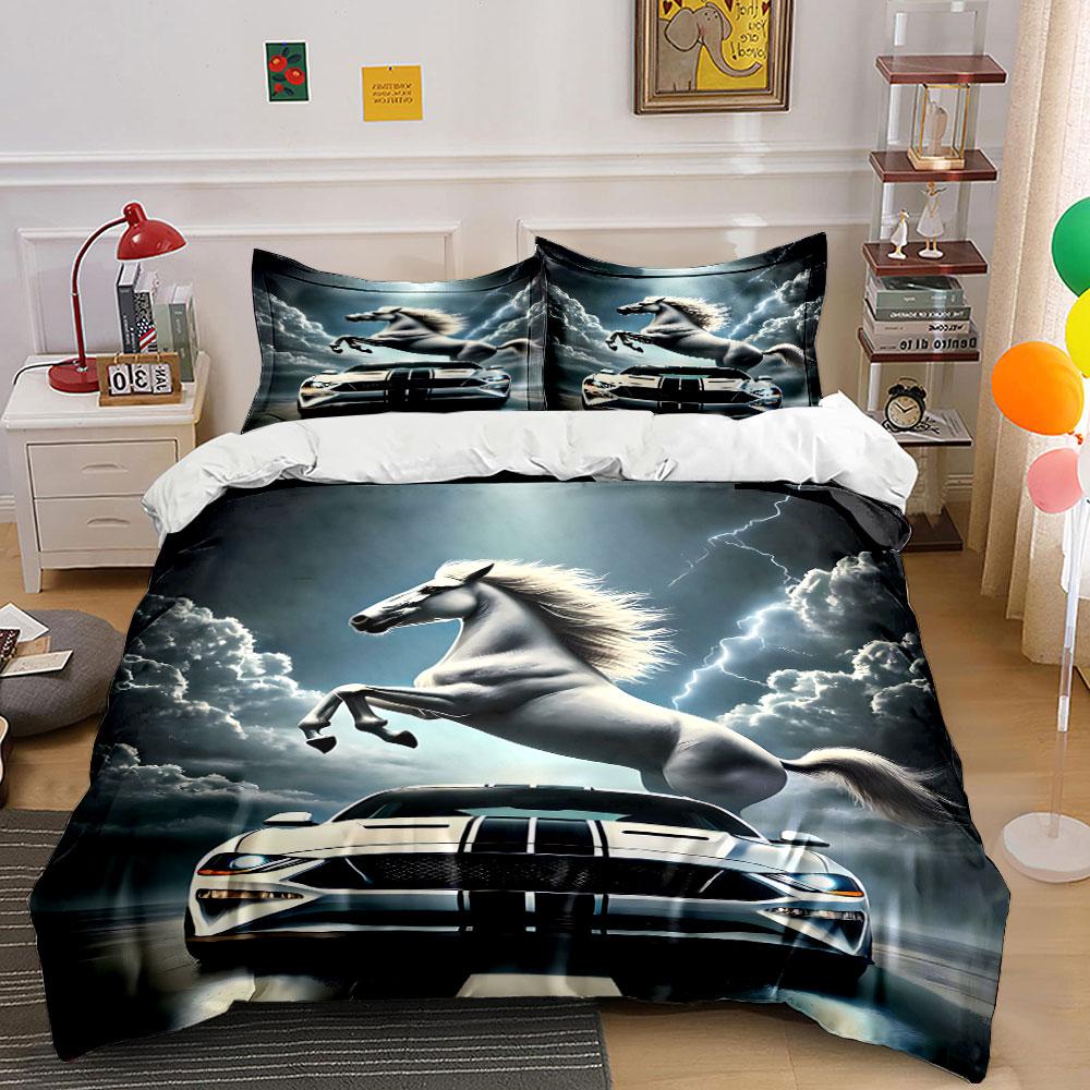 White Horse Thunderstorm Car Art Bedding Duvet Cover Set (1*Duvet Cover 2*Pillowcases, Without Duvet Insert)