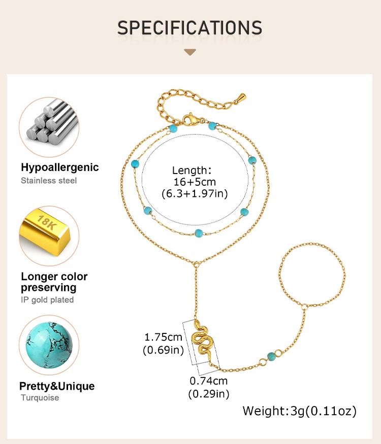 Bohemian Bead Slave Bracelet, 18K Gold Plated Stainless Steel, Waterproof Hand Chain Finger Ring Bracelet Jewelry for Women