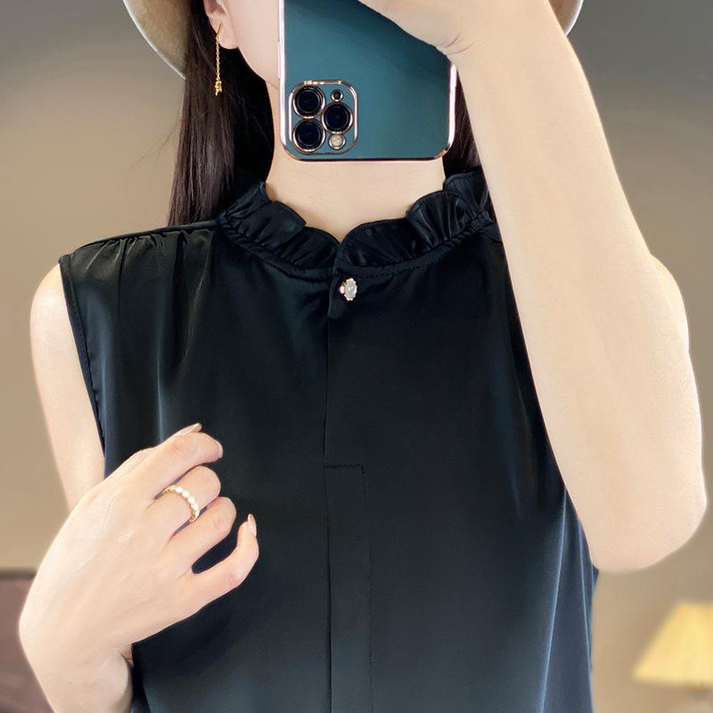 Elegant Satin Stand Collar Sleeveless Layered Shirt for Women