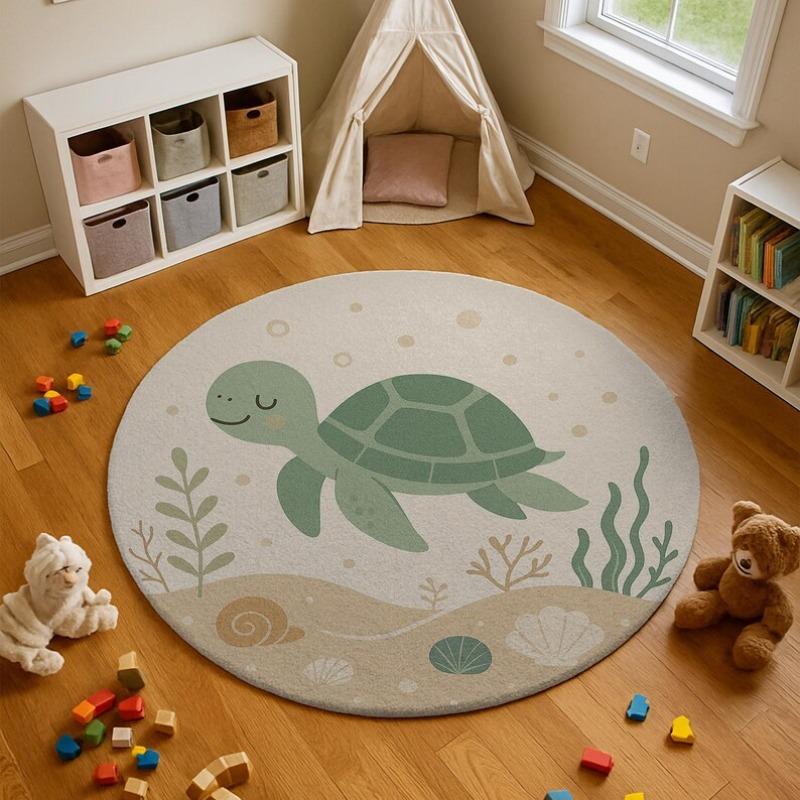 Playful Ocean Circle Rug White Carpet with Orange Turtles Octopus Gold Stars Cheerful Underwater Mat for Kids Room Nursery Decor