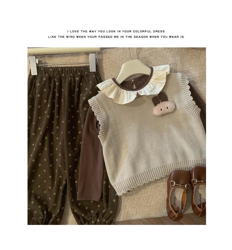 2025 Autumn Girls' Korean Long-Sleeve Knit Vest & Polka Dot Pants Set