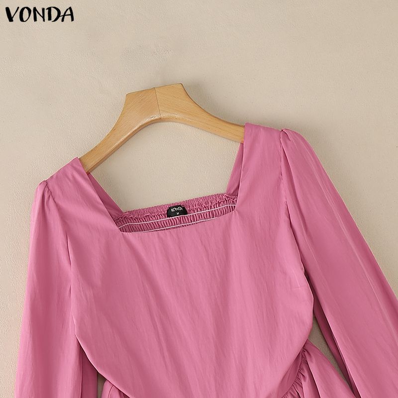 VONDA Womens Square Collar Long Sleeve Ruffled Casual Rumple Blouse Shirts