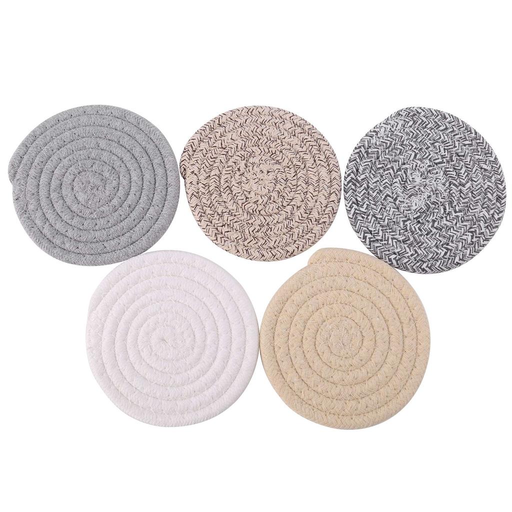 T02C!Round Cotton Braided Table Place Mats Coaster Non-Slip Table Mats Set Of 5 Cups Dining Kitchen Washable Small