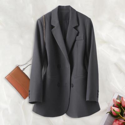 Women Suit Coat Lapel Long Sleeve Double Breasted Suit Jacket with Pockets Solid Color Loose Fit