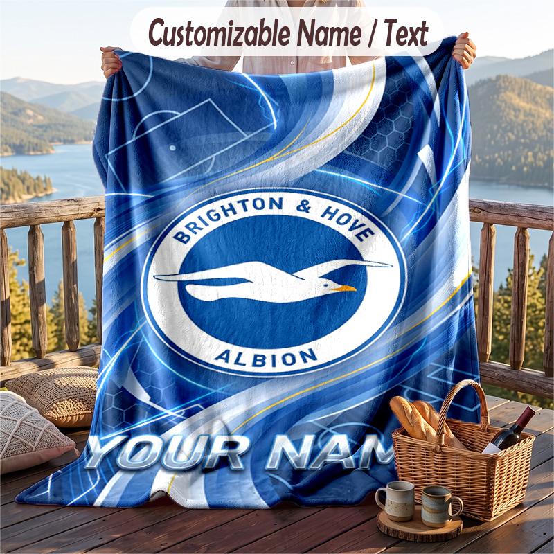 Flannel Blanket Brighton & Hove Albion Football Print Custom Name Text Soft Throw for Sofa Bed