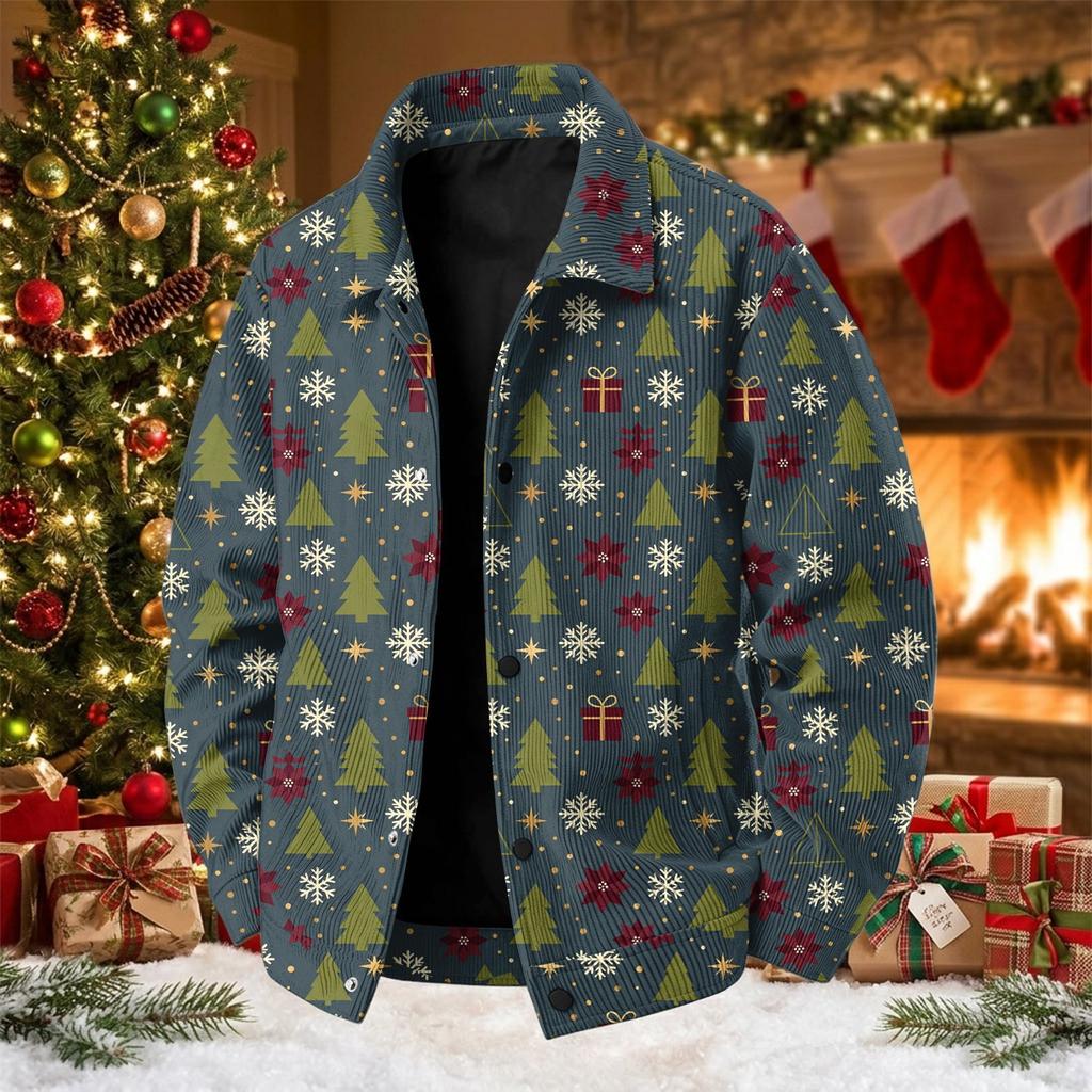 Men's Corduroy Collared Jacket Loose Fit Long Sleeve Casual Top with Christmas Print for Fall and Winter