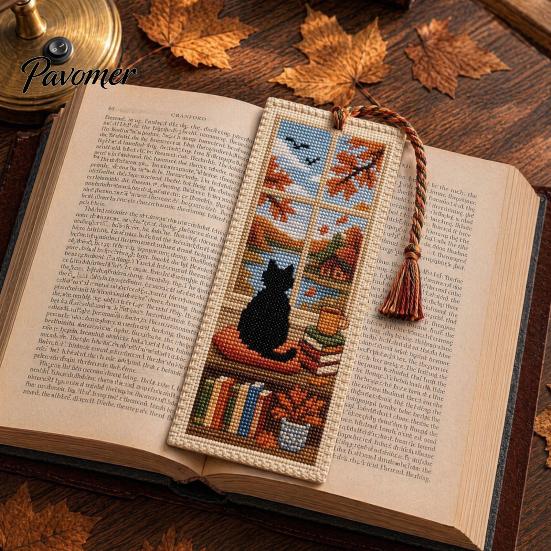 Cross Stitch Bookmark DIY Kit for Adults Beginners, Seasonal Cat Handmade Embroidery Kit, Gifts Lovers, Readers Reading Accessory