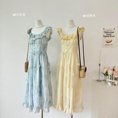 Blue Square Neck Chiffon Printed Small Flying Sleeve Suspender Dress Women's Sweet Waist Thin Long Dress Dress