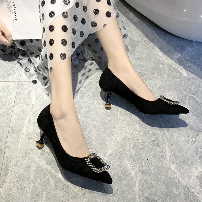 High Heels Women's Spring New Versatile Banquet Black Shoes Light Mouth Medium Heel Single Shoes Women's Thin Heel Pointed Women's Shoes Senior