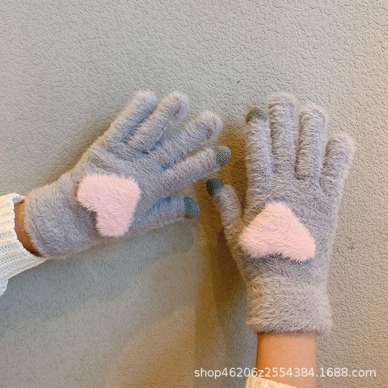 New plush love outdoor five fingers cute knitted windproof girl cold