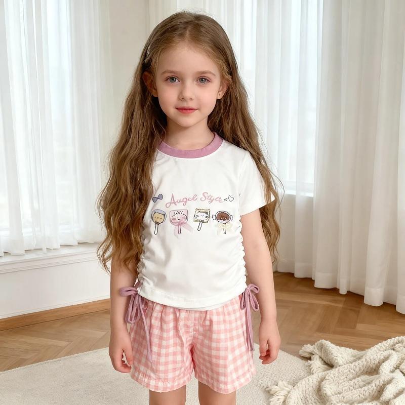 2025 New Style Baby Girl Cartoon T-Shirt & Plaid Pants Set - Spring/Autumn