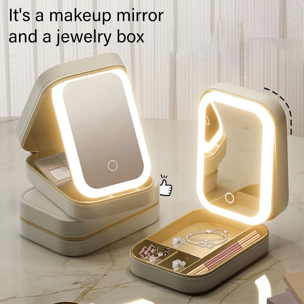 Portable Jewelry Case With LED Lighted Makeup Mirror Jewelry Storage Box With LED Mirror Essential Organizers