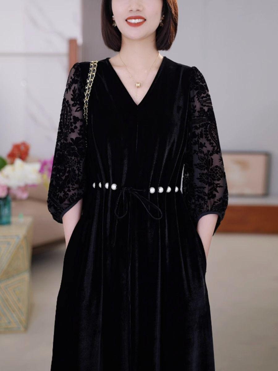 

Платье из осеннего золотого бархата с длинным рукавом - Приталенное миди юбка до колена 4XL чёрный