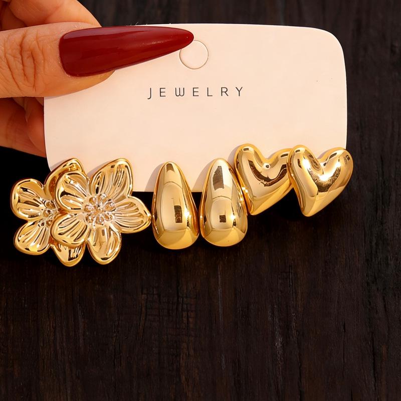 Gold Geometric Water Drop Earrings & C-Shaped Ear Cuffs Set