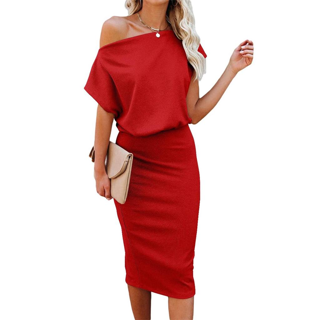 Women’s Off Shoulder Ribbed Knit Midi Dress Casual Loose Fit Short Sleeve Elegant Solid Pattern
