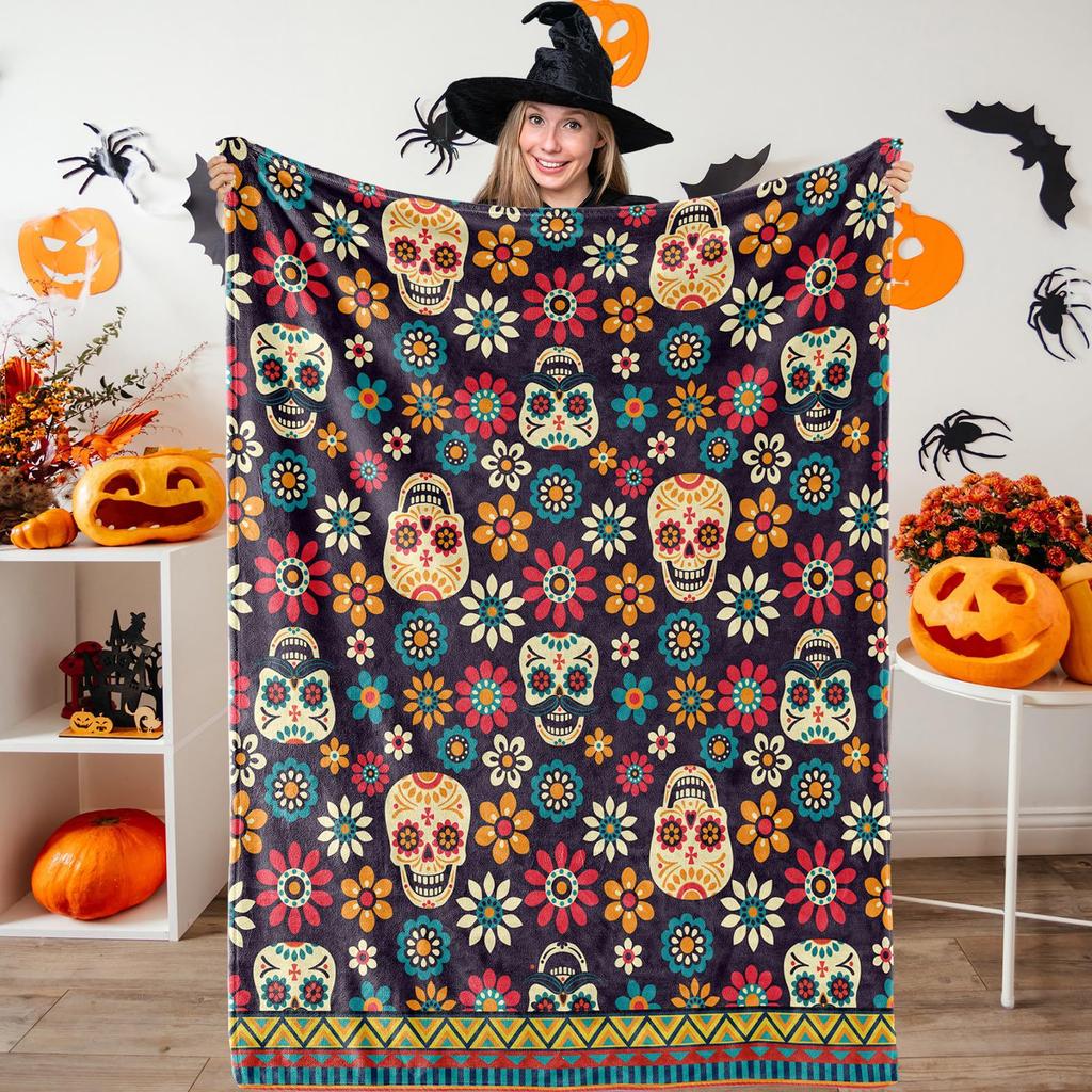 Vintage Day of the Dead Printed Flannel Blanket All Seasons Skull Digital Printed Blanket