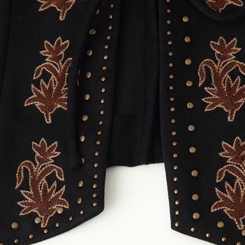 Womens Ethnic Style Mirror Embroidery Vest With Tie Front Loose Fit Short Length Winter
