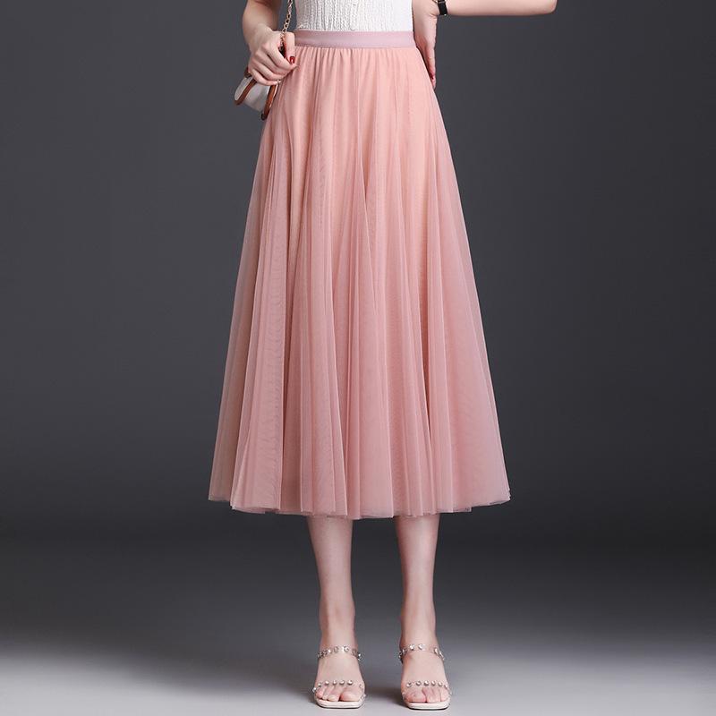 Women's High-Waist Mid-Length Pleated Mesh Skirt