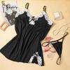 Sexy Sleepwear Women Lace Silk Satin V-Neck Nightgown Split Hem Soft Lingerie Night Dress Sleeveless Sleepwear