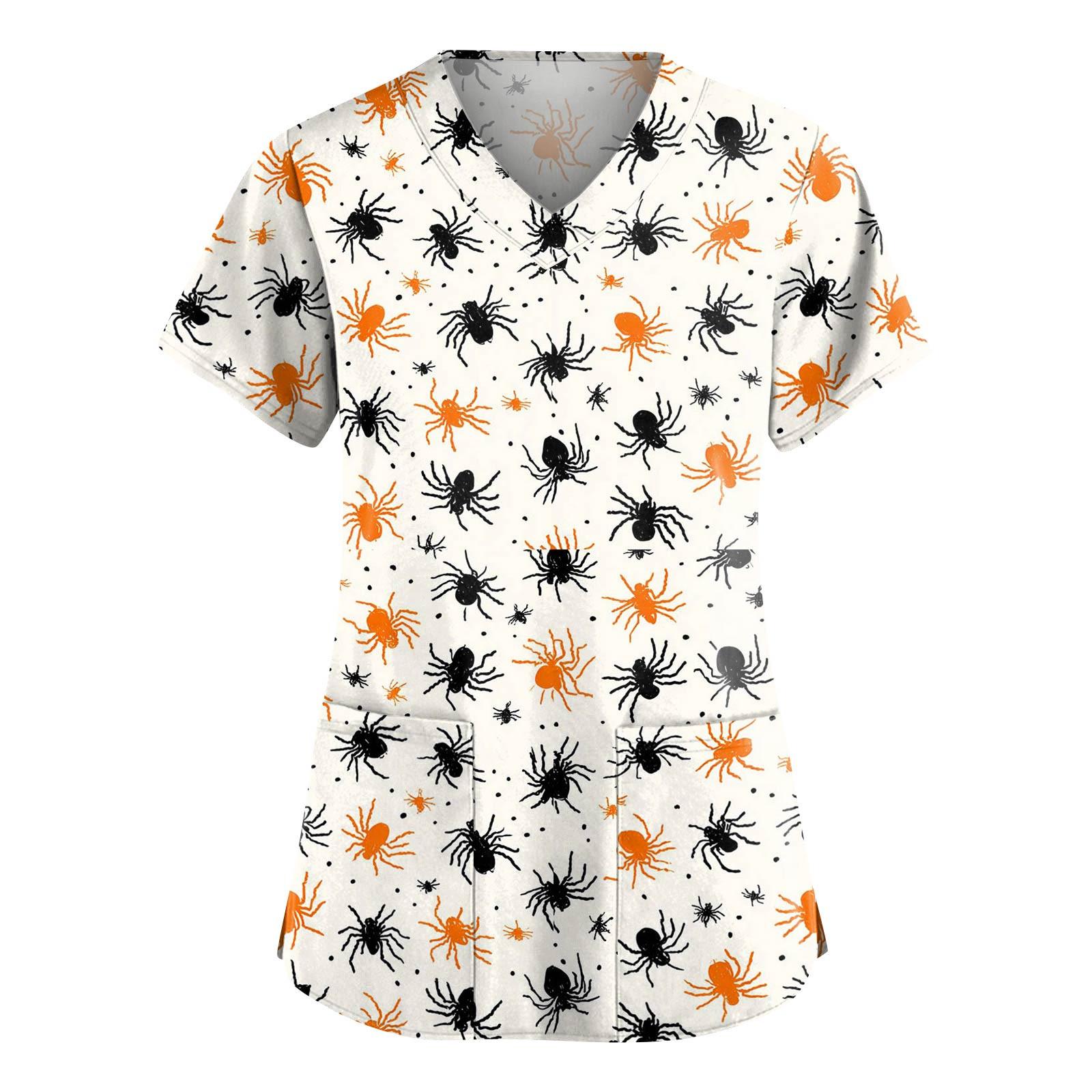 

Women s Fashion V-Neck Short Sleeve Overalls With Pockets Halloween Printed Tops Apparel L бежевий