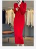 Women's V-Neck Cable Knit Wool Dress - Slimming Over-the-Knee Style with Long Sleeves and Slit for Autumn/Winter