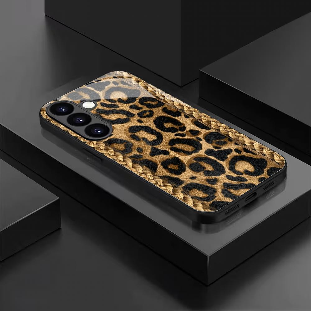 Leopard Pattern Black Glass Phone Case Suitable for Samsung Galaxy S26 S25 S24 S23 S22 S21 S20FE/Ultra/Plus Anti Drop Back Cover