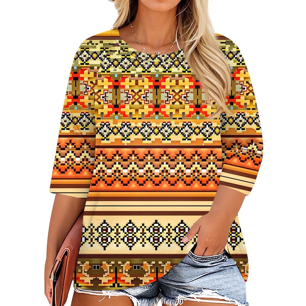 T-shirt Casual da Donna con Stampa, Girocollo, Manica 3/4
