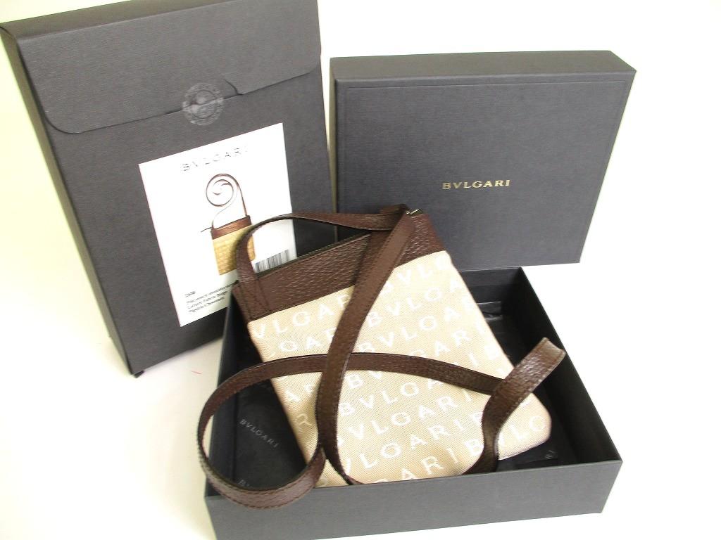 Authentic BVLGARI Logo Mania Beige Canvas Brown Leather Crossbody Bag Pouch #a888  Refurbished