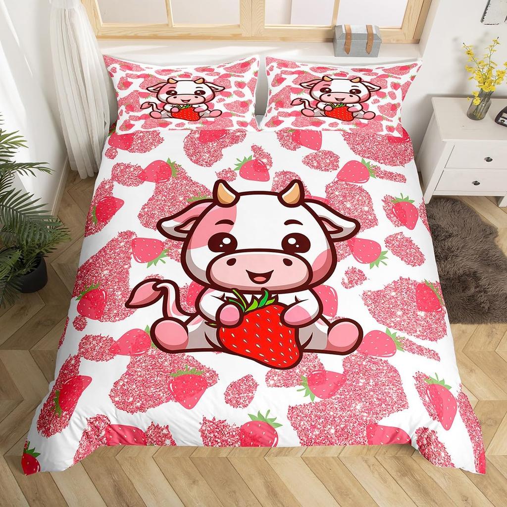 Carton Milk Cow Soft Duvet Cover Ful King Lovely Farm Animal Beding Set Strawbery Flowers Print Warm Comforter Cover Farmhouse Decor
