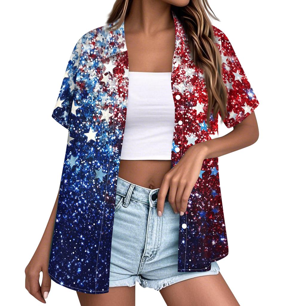 Short Sleeve Button Down Shirt for Women with Floral and Stars Print Loose Fit Lapel Collar Lightweight Top Blouse