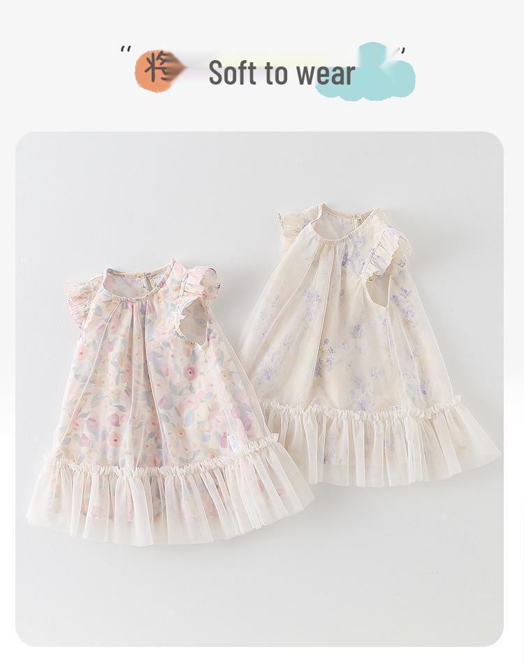 Korean Style Girls' Floral Puff Sleeve Princess Dress with Breathable Mesh Skirt for Infants and Toddlers