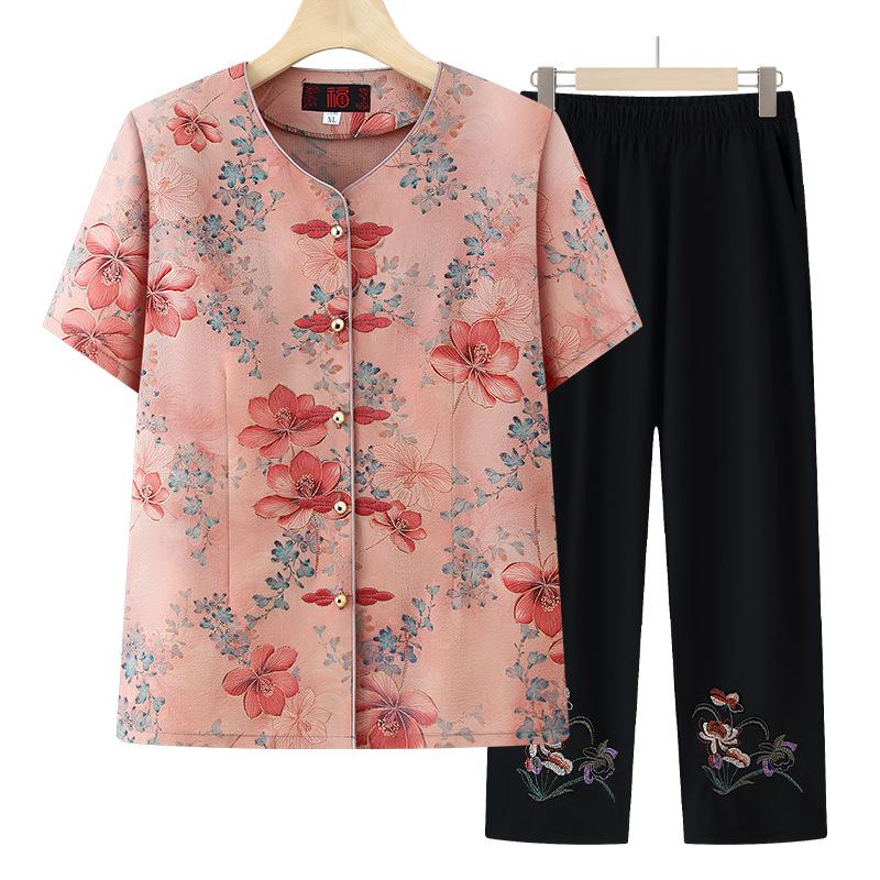 2026 New Floral Print Summer Cardigan Set for Middle-Aged and Elderly Women