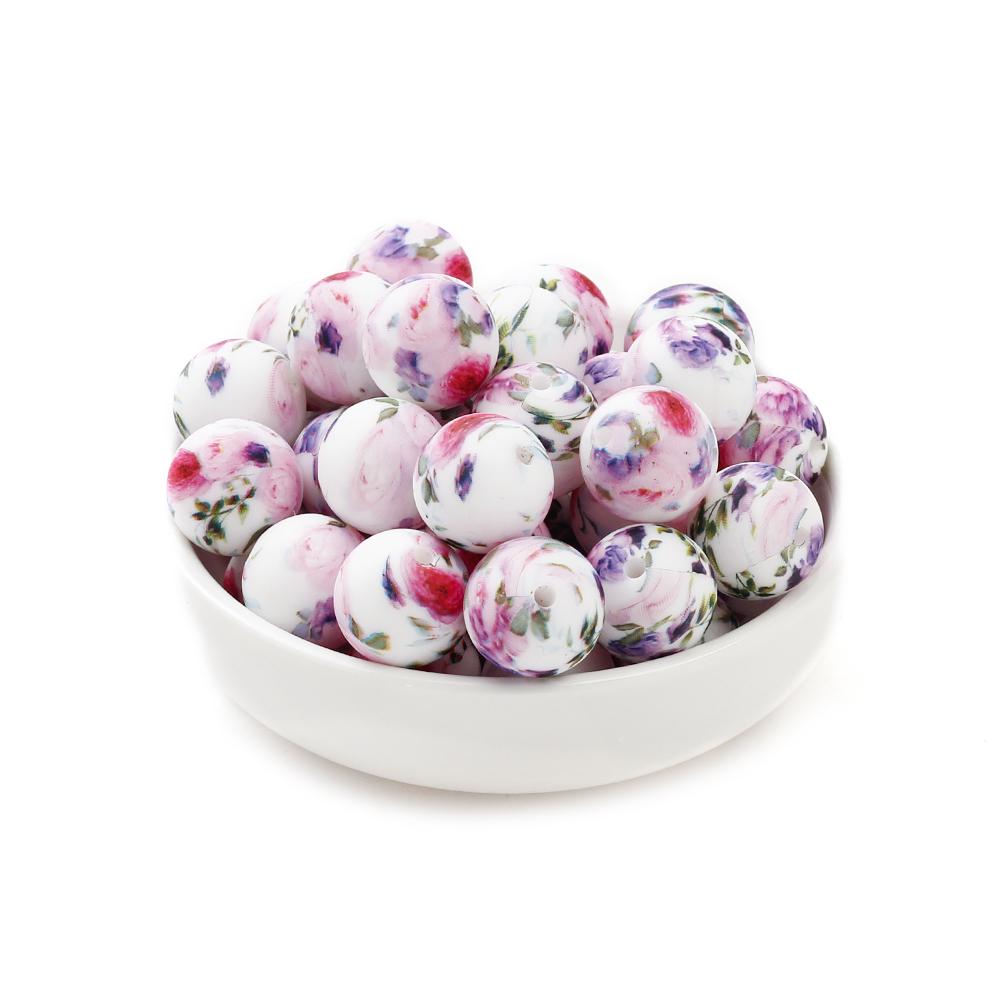 10Pcs 15mm New Silicone Beads Round Print Colorful Spacer Beads Food Grade Baby Nursing Necklace Pacifier Chain Teether Toys