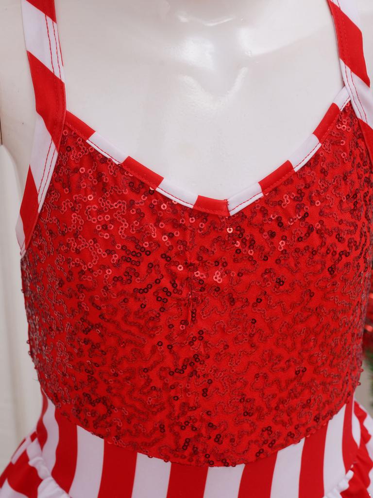 Mädchen Weihnachten Jumpsuit Überkreuzte Schulterträger Ärmellos Pailletten Gestreiftes Tanz-Unitard Gymnastik-Aufführungsbody
