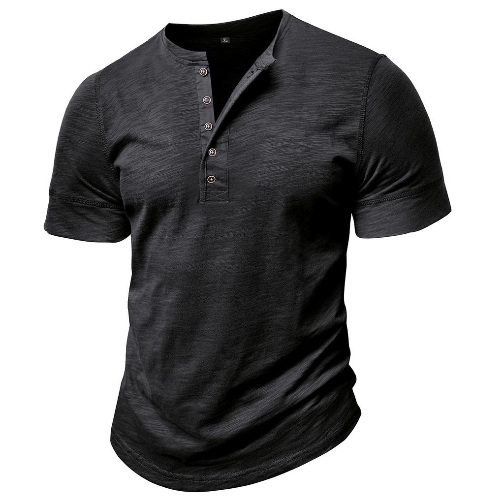 Men’s T-shirts Henley Collar Short Sleeves Cotton Polo Shirts Solid Color Casual Tops