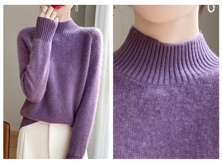 Women's Thick Wool Sweater - Half-High Neck, Raglan Sleeve, Warm & Loose Fit for Autumn/Winter
